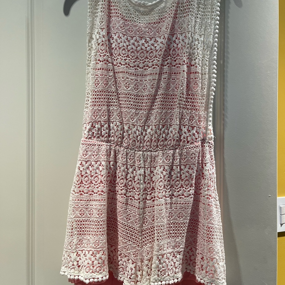 Copper Key Coral Romper with lace overlay